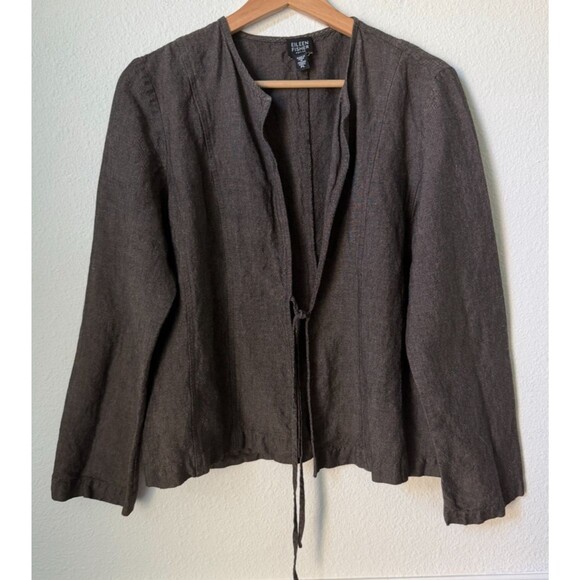 Eileen Fisher Jackets & Blazers - Eileen Fisher Jacket Womens Petite Large Brown Linen Blend Kimono Tie Front
